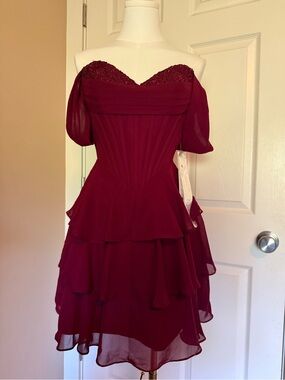 Off-Shoulder Burgundy Layered Cocktail Dress